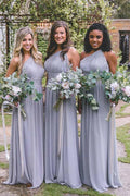 Vestido de dama de honor de gasa gris, largo hasta el suelo, con un solo hombro y espalda abierta