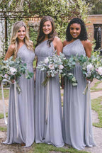 Vestido de dama de honor de gasa gris, largo hasta el suelo, con un solo hombro y espalda abierta
