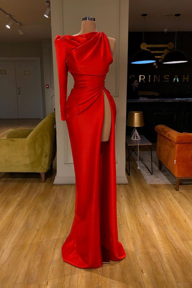 One-shoulder High-split Soft pleated Red Prom Dress Long sleeves