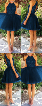 Open Back Halter Beaded Homecoming Cocktail Dresses