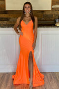 Langes, orangefarbenes Meerjungfrauen-Abendkleid aus Satin mit Trägern