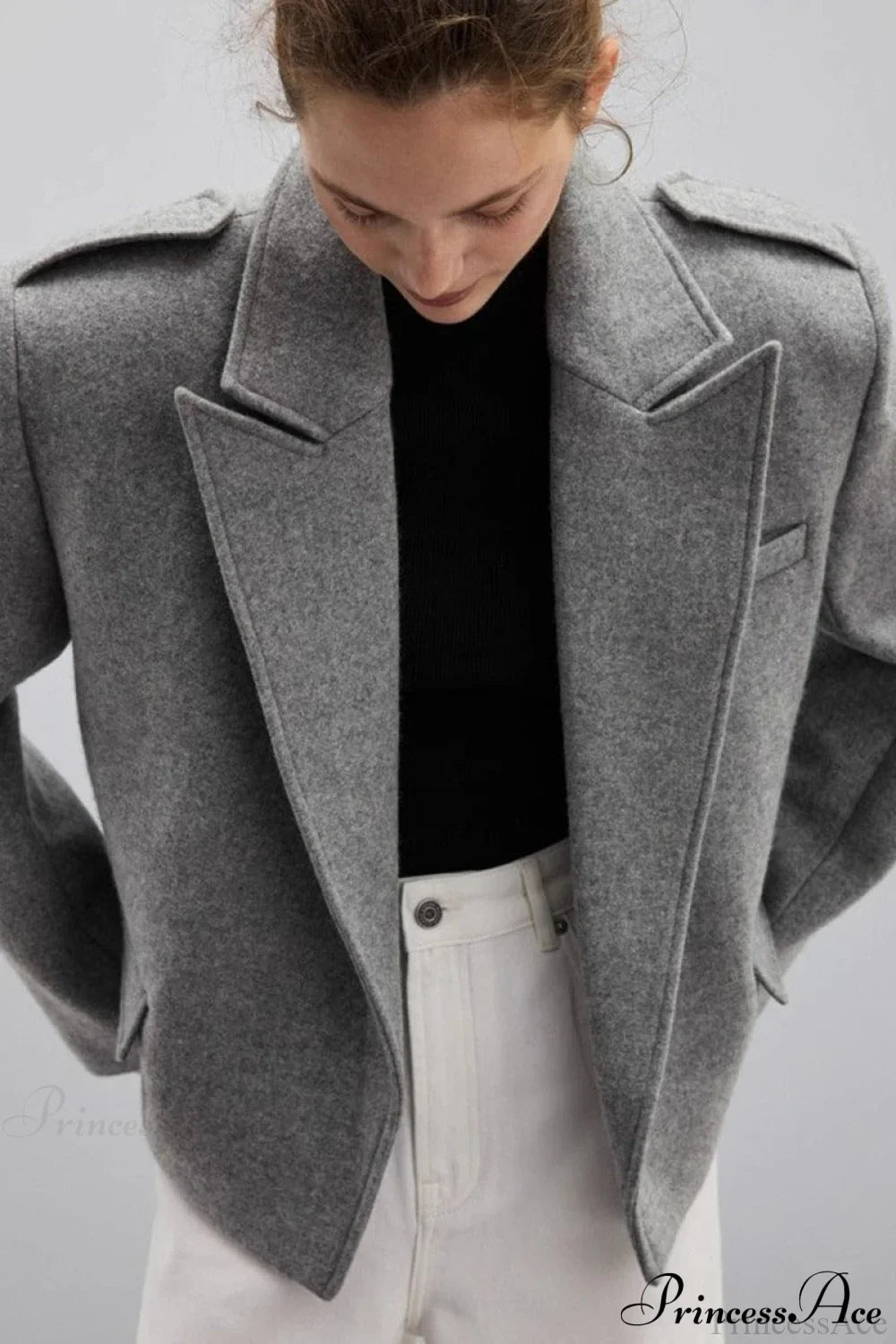 Oversized Notch Lapel Epaulette Woolen Blazer