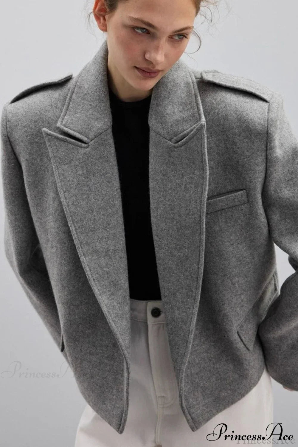 Oversized Notch Lapel Epaulette Woolen Blazer