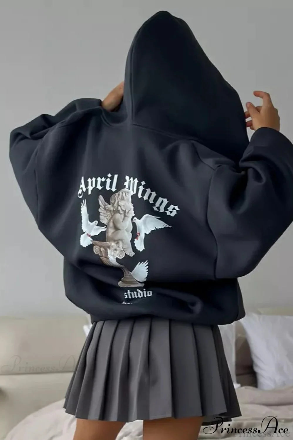Oversized Street Casual Angel Print Zip-Up Hoodie