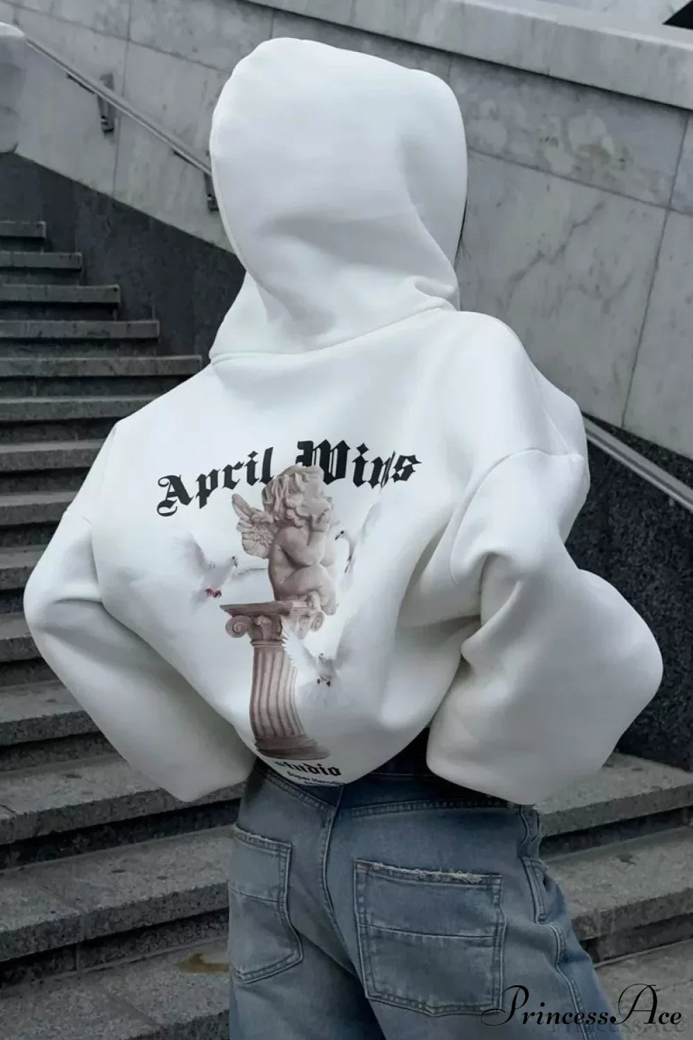Oversized Street Casual Angel Print Zip-Up Hoodie