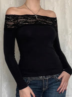 Patchwork Lace Cropped Slim Slash Neck Long Sleeve Knit Top