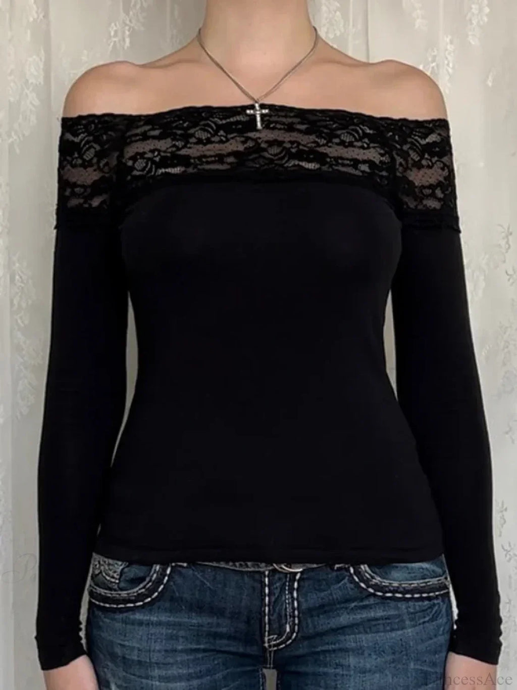 Patchwork Lace Cropped Slim Slash Neck Long Sleeve Knit Top