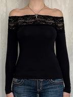 Patchwork Lace Cropped Slim Slash Neck Long Sleeve Knit Top