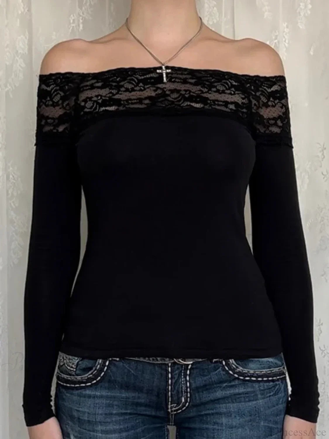Patchwork Lace Cropped Slim Slash Neck Long Sleeve Knit Top