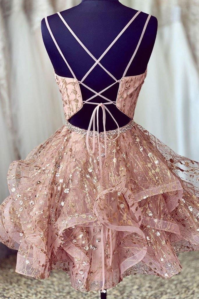 Vestido Rosa de Fiesta de Regreso a Casa Corto con Lentejuelas y Escote en V Profundo