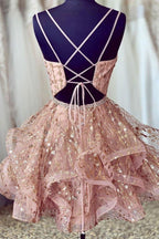 Vestido Rosa de Fiesta de Regreso a Casa Corto con Lentejuelas y Escote en V Profundo