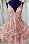 Vestido Rosa de Fiesta de Regreso a Casa Corto con Lentejuelas y Escote en V Profundo