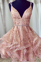 Vestido Rosa de Fiesta de Regreso a Casa Corto con Lentejuelas y Escote en V Profundo