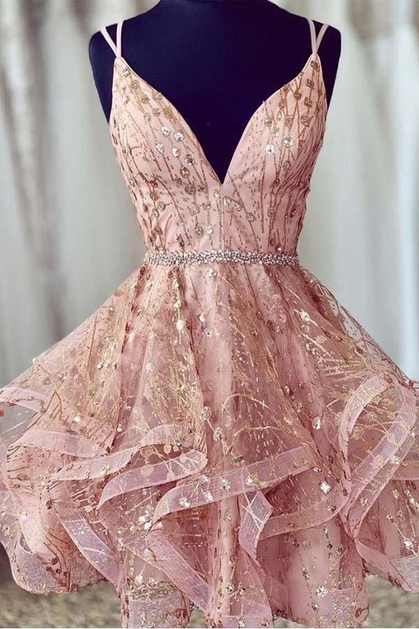 Vestido Rosa de Fiesta de Regreso a Casa Corto con Lentejuelas y Escote en V Profundo
