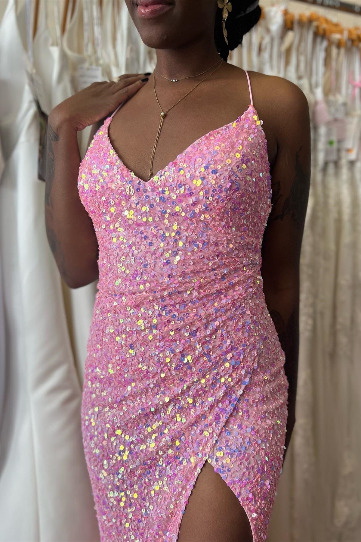 Mermaid V Neck Straps Sequins Pleated Long Prom Dress with Slit
