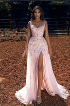 Langes, pinkfarbenes Meerjungfrauen-Abendkleid mit Rüschen und rosa Trägern, Herzausschnitt