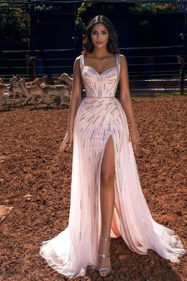 Langes, pinkfarbenes Meerjungfrauen-Abendkleid mit Rüschen und rosa Trägern, Herzausschnitt