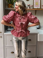 Pink Stripe Bow Lace Up Short Blouse