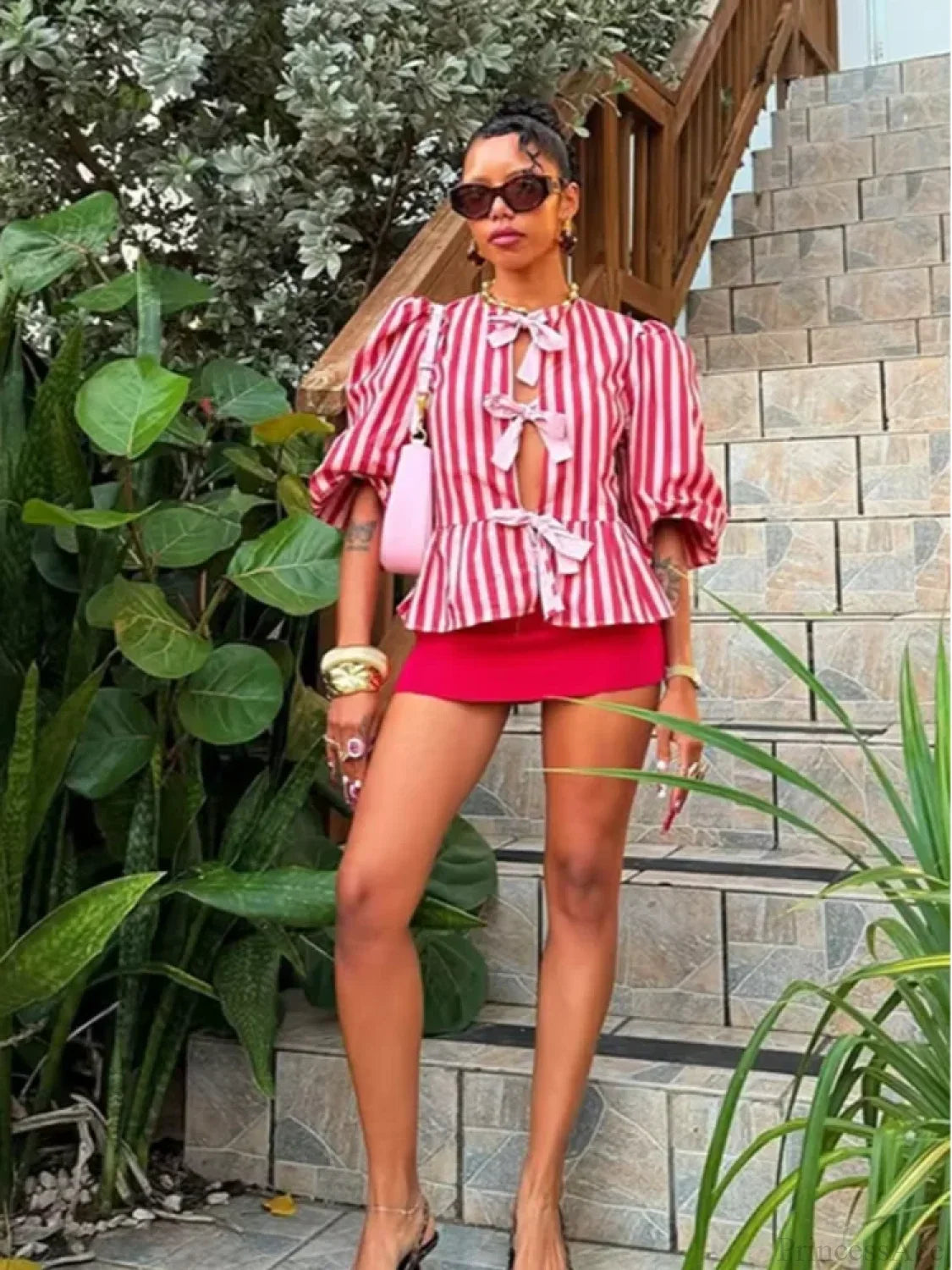 Pink Stripe Bow Lace Up Short Blouse