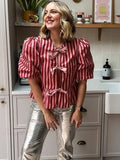 Pink Stripe Bow Lace Up Short Blouse
