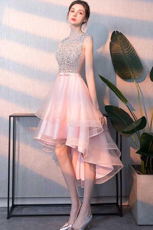 Tulle Sequin Short Prom Dress Pink Homecoming Dress