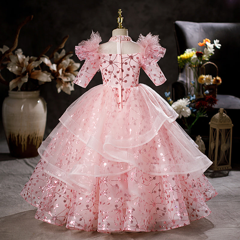 Blumenmädchenkleid, Kinder-Oster-Kommunionkleid, Sommerkleid in Rosa mit Pailletten, Prinzessinnenkleid 