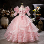Blumenmädchenkleid, Kinder-Oster-Kommunionkleid, Sommerkleid in Rosa mit Pailletten, Prinzessinnenkleid 