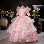 Blumenmädchenkleid, Kinder-Oster-Kommunionkleid, Sommerkleid in Rosa mit Pailletten, Prinzessinnenkleid 