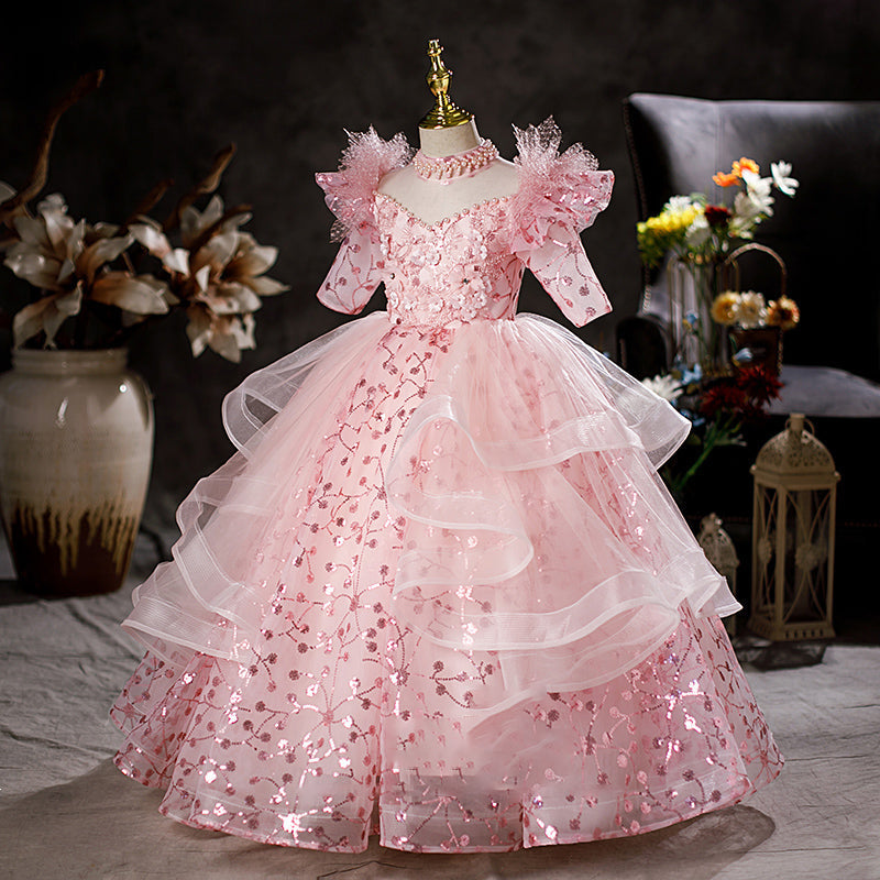 Blumenmädchenkleid, Kinder-Oster-Kommunionkleid, Sommerkleid in Rosa mit Pailletten, Prinzessinnenkleid 