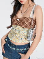 Plaid Floral Patchwork Bow Tie-up Backless Crop Top