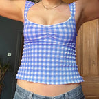 Plaid Gingham Lace Trim Square Collar Slim Fit Y2K Vintage Backless Crop Top