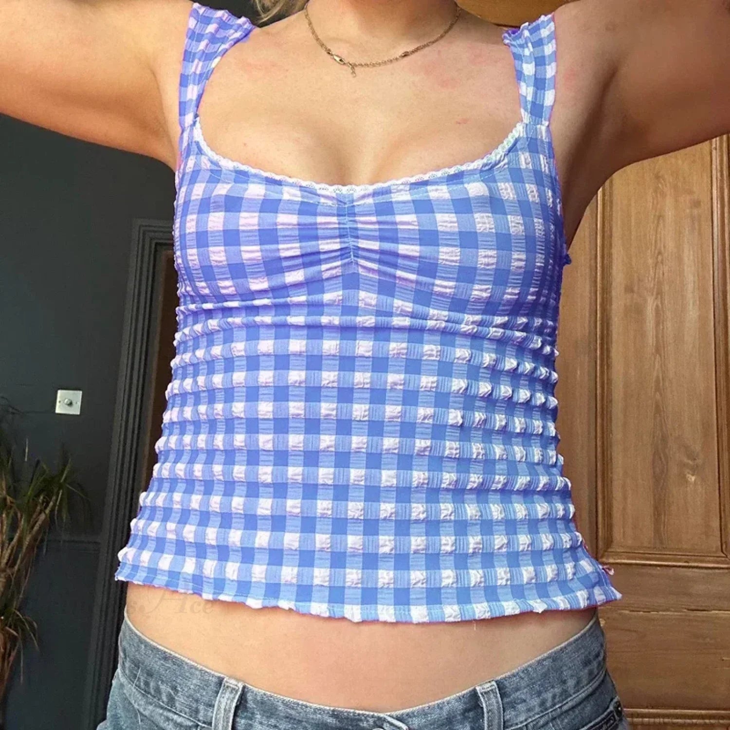 Plaid Gingham Lace Trim Square Collar Slim Fit Y2K Vintage Backless Crop Top