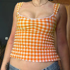 Plaid Gingham Lace Trim Square Collar Slim Fit Y2K Vintage Backless Crop Top
