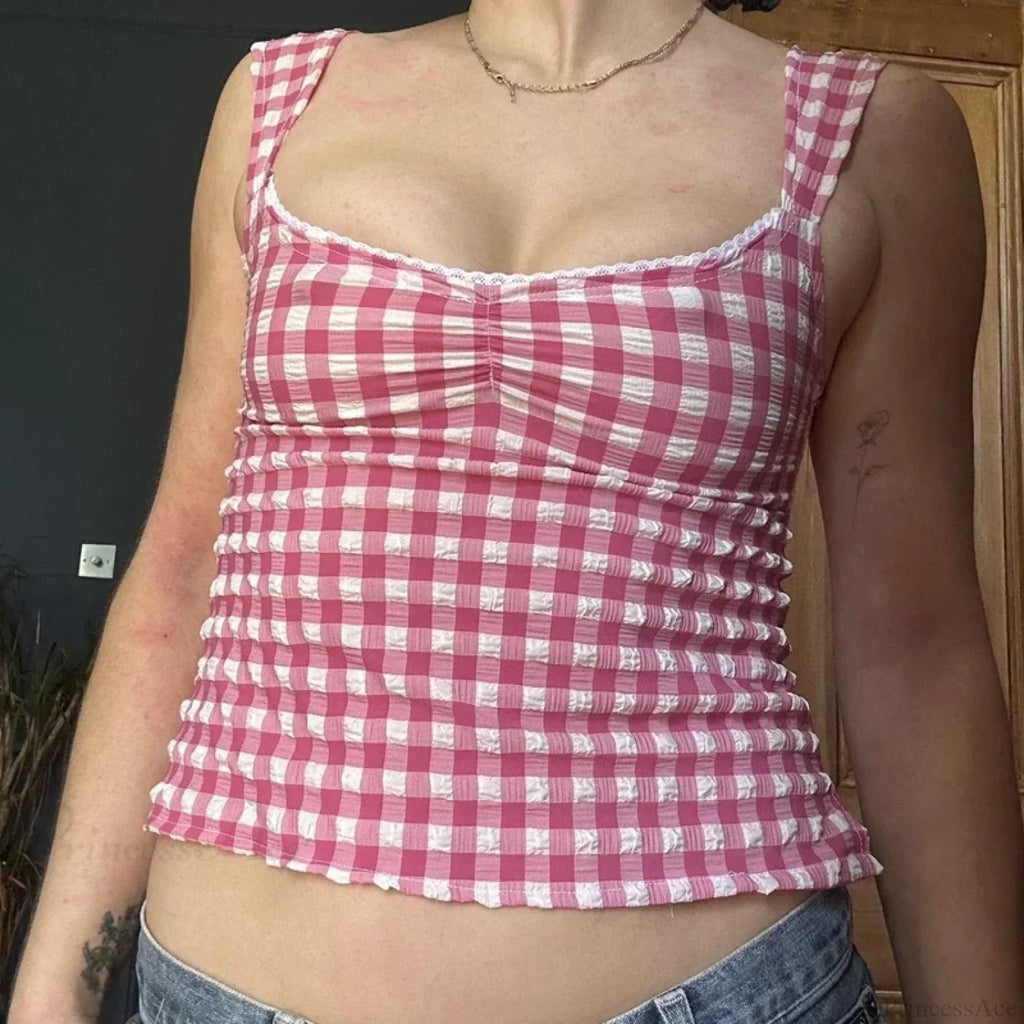 Plaid Gingham Lace Trim Square Collar Slim Fit Y2K Vintage Backless Crop Top