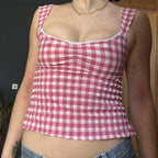 Plaid Gingham Lace Trim Square Collar Slim Fit Y2K Vintage Backless Crop Top