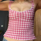 Plaid Gingham Lace Trim Square Collar Slim Fit Y2K Vintage Backless Crop Top