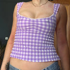 Plaid Gingham Lace Trim Square Collar Slim Fit Y2K Vintage Backless Crop Top