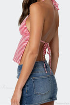 Plaid Halter Backless Deep V-neck Crop Top