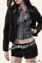 Plaid Long-Sleeve Back Bow-Tie Waist-Slim Blouse