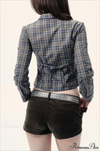 Plaid Long-Sleeve Back Bow-Tie Waist-Slim Blouse