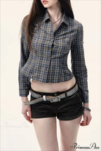 Plaid Long-Sleeve Back Bow-Tie Waist-Slim Blouse
