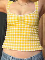 Plaid Low-cut Lace Backless Strap Tank Crop Top