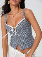 Plaid Print Backless Sleeveless Low Cut Tied Crop Vest