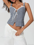 Plaid Print Backless Sleeveless Low Cut Tied Crop Vest