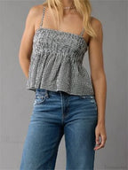 Plaid Ruffle Hem Square Neck Spaghetti Crop Top