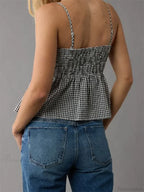Plaid Ruffle Hem Square Neck Spaghetti Crop Top