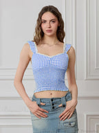 Plaid Ruffle Strap Sweetheart Lace Trim Cropped Tank Top