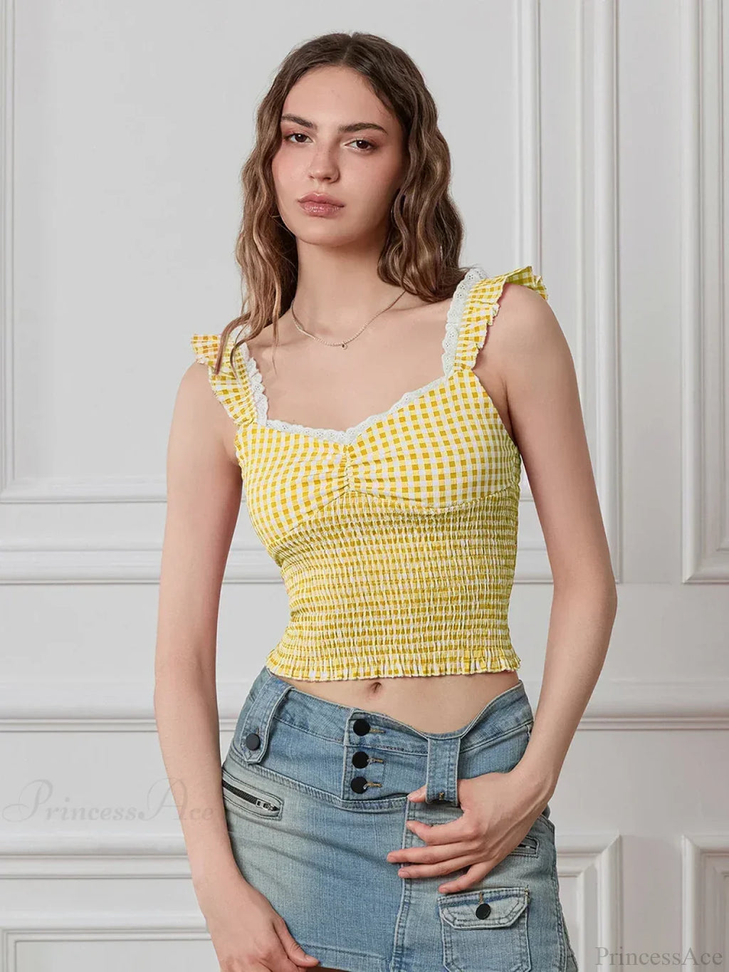 Plaid Ruffle Strap Sweetheart Lace Trim Cropped Tank Top