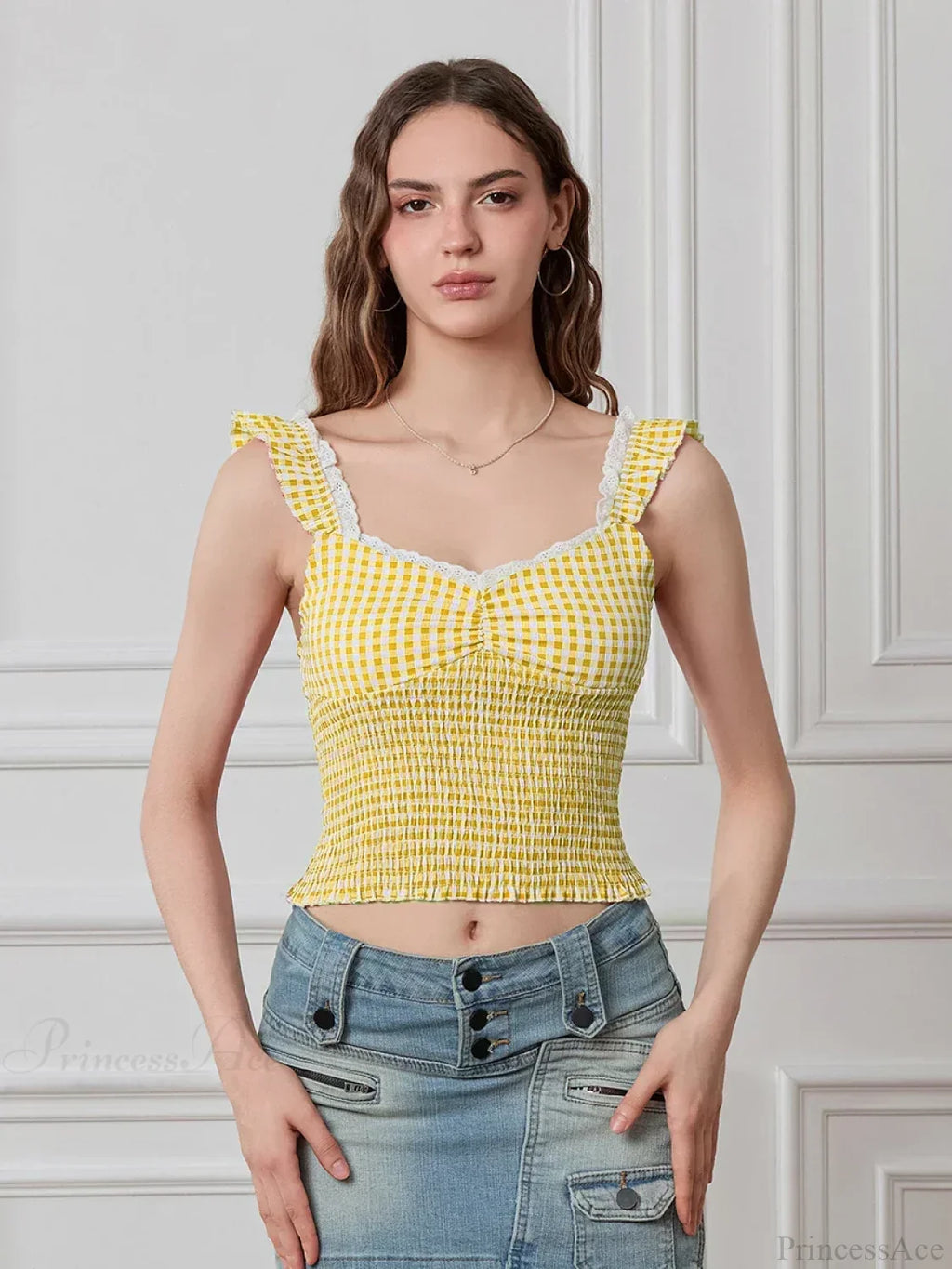 Plaid Ruffle Strap Sweetheart Lace Trim Cropped Tank Top