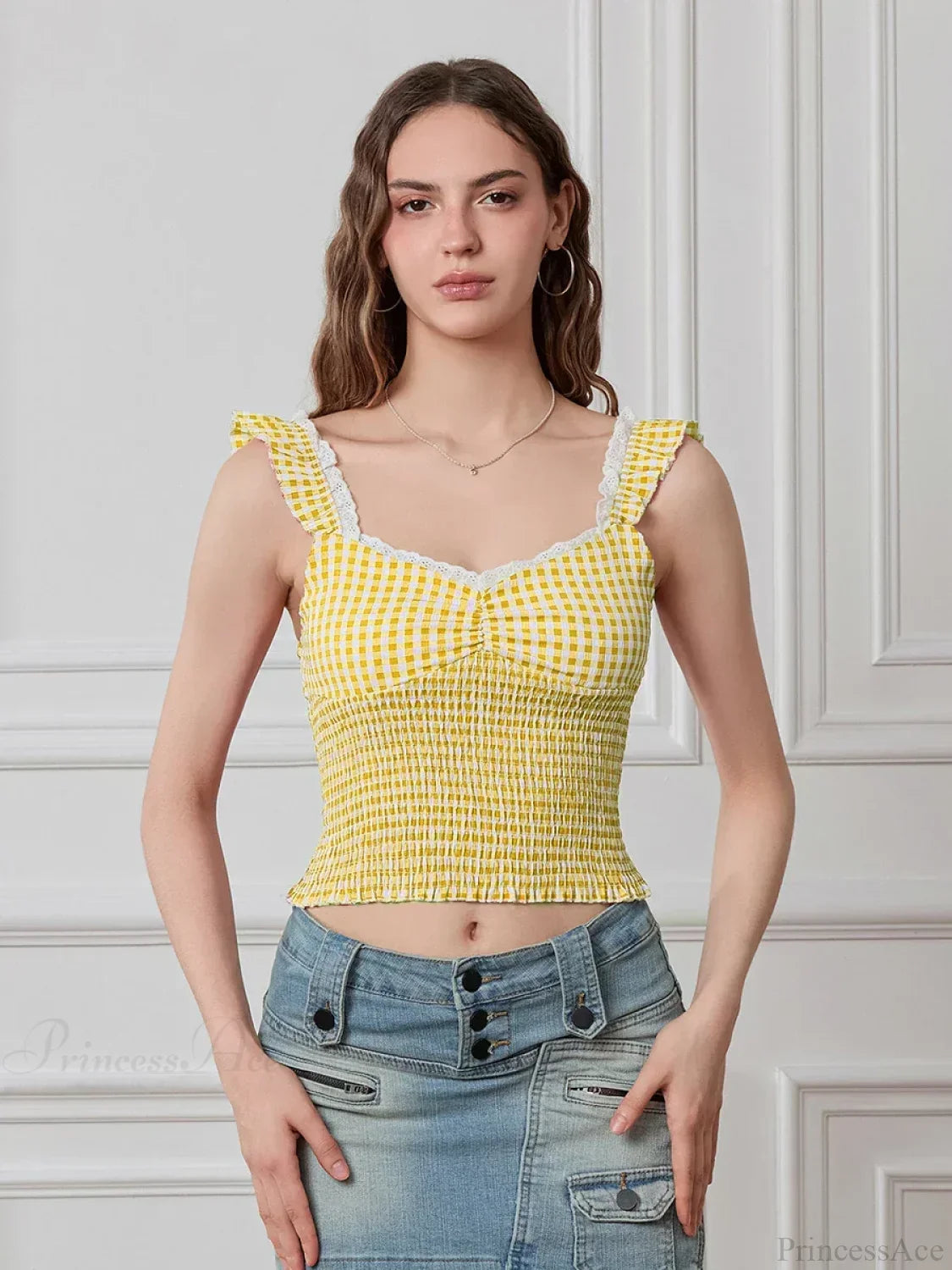 Plaid Ruffle Strap Sweetheart Lace Trim Cropped Tank Top
